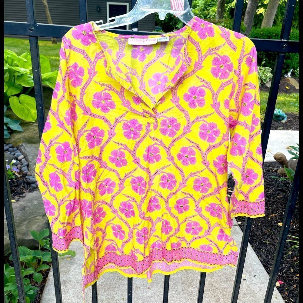 GRAHAM KANDIAH cotton tunic blouse in yellow with pink flowers